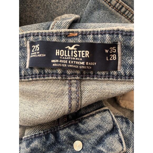 Hollister Extreme Baggy High Rise Distressed Blue Raw Hem Jeans Size 21S (35x28) - Picture 3 of 9